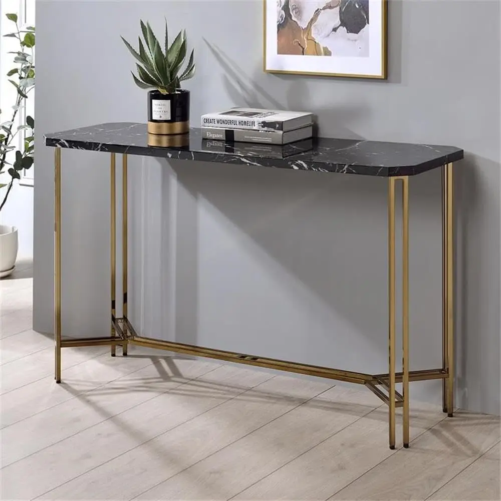 Modern Sofa Table Black Faux Marble Top Gold Metal Base Clipped Corners 47.25 in Wide Living Room Entryway Console, Customized