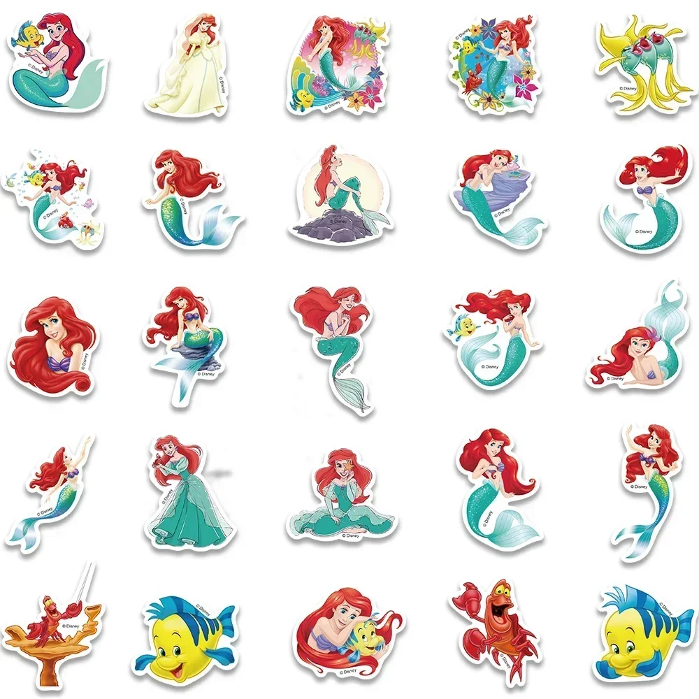 50pcs The Little Mermaid Stickers Cute Disney Ariel Princess Catoon Graffiti Decals Phone Luggage Stationery Graffiti Decals