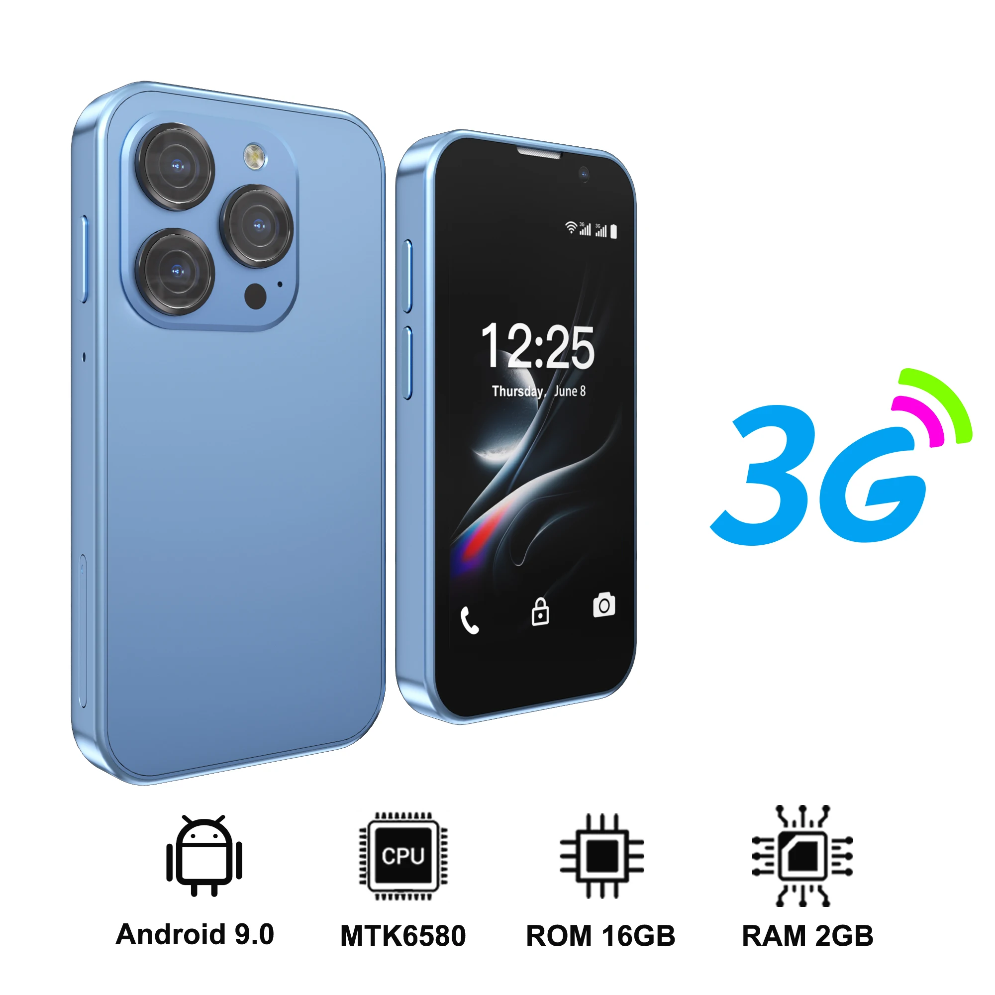 SERVO 3G Super Mini Smartphone Android 9.0 OS 2GB+16GB Gezichtsontgrendeling Play Store WiFi Hotspot 2 SIM Standby 3.0" Kleine Smartphones