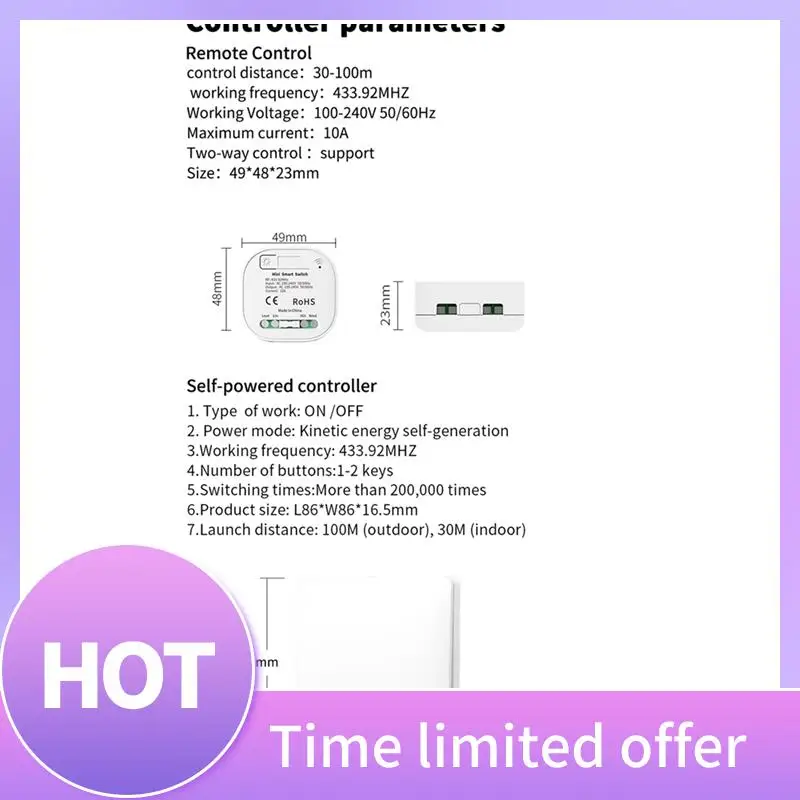 

1Set Wireless Remote Control No Battery Self-Powered Waterproof Light Switch , 2X1gang 1Receiver