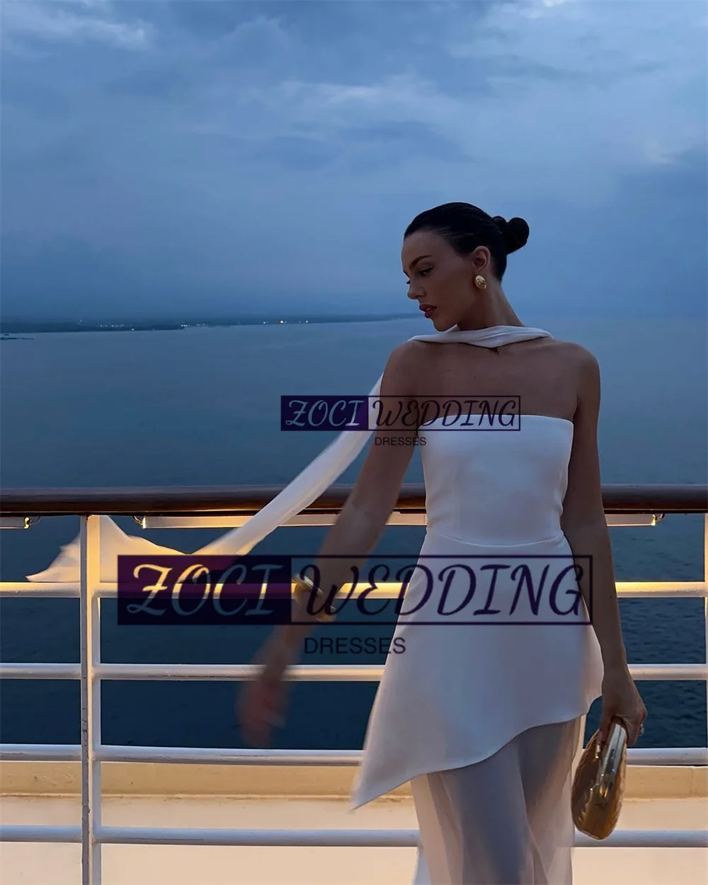 Zoci Strapless Beach A Line Wedding Dresses Sleeveless Chiffon Bride Dress Customized Sexy Backless High Side Split Bride Dress