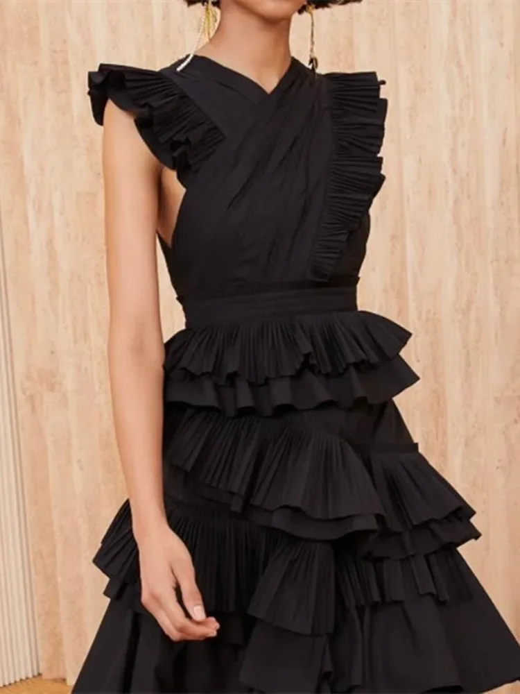 Women\'s Midi Dress 2024 New 100% Cotton Irregular Ruffles Stitching Cross V-Neck Elastic High Waist Temperament Vintage Robe