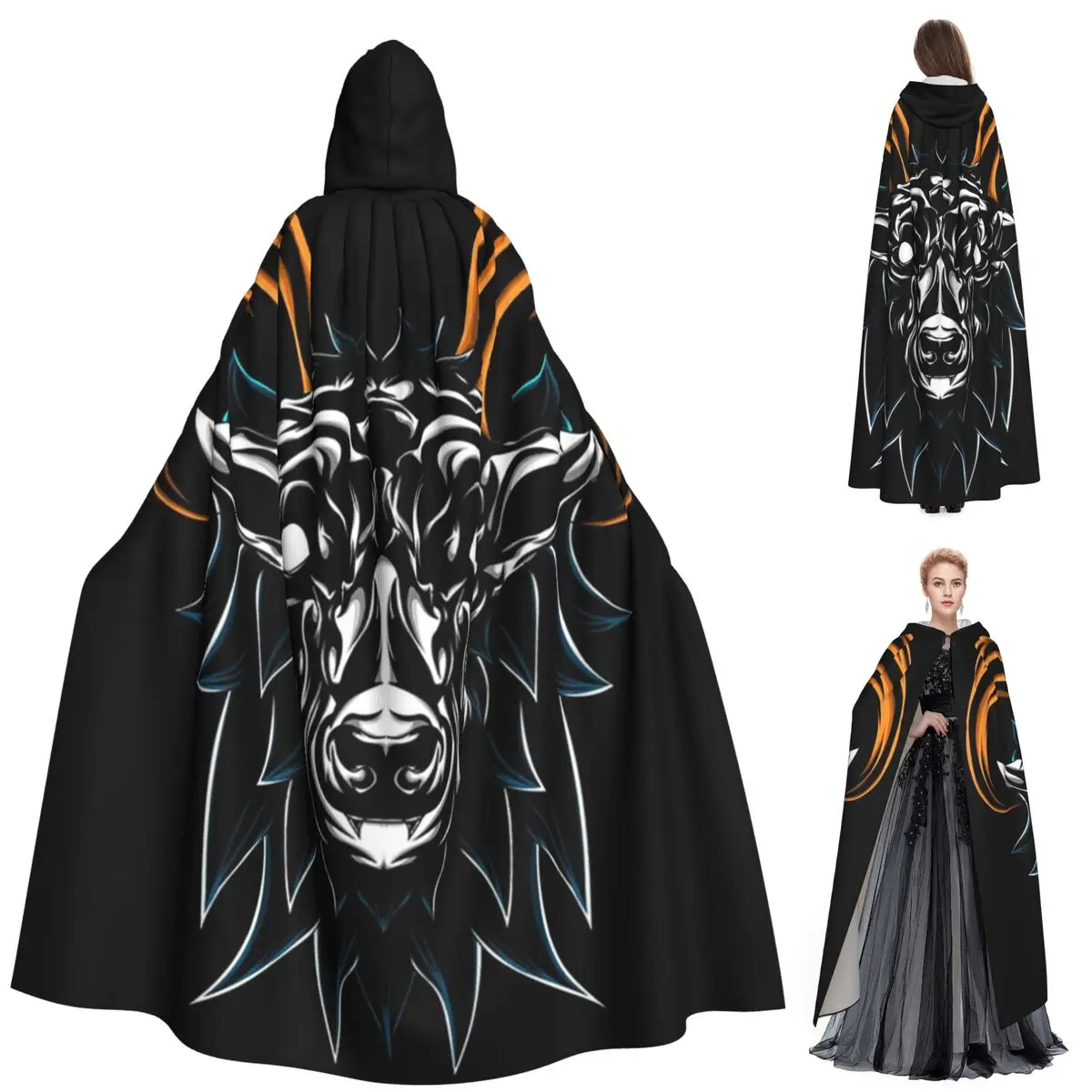 Mythical Goat Baphomet Goat Head Long Hooded Cloak Witch Medieval Costume Cosplay Cape HalloweenCoat Adult Unisex