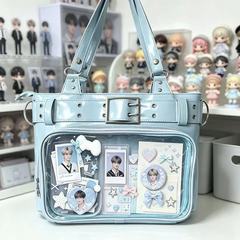 Ita Bag With Transparent Window,Kpop Fans Multi-Layer Hidden Compartment Shoulder Bag,Women Belt Buckle Tote Bag,Commute Handbag