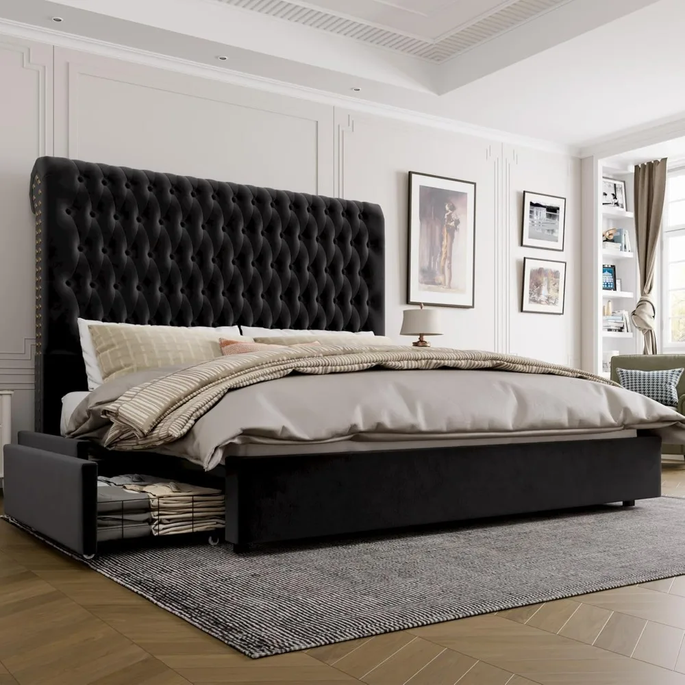 

Bed Frame, Tall Headboard with Gorgeous Button Tufted and Nail, Velvet Fabric Upholstered Bed Frame includes 4 Storage Drawers