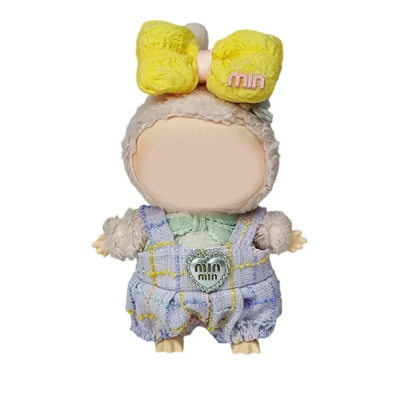 

17cm Labubu Doll Clothes Set: Plaid Dress w/ Heart Rhinestone & Yellow Bow Hair Clip - Kawaii Outfit for V1/V2 Idol Doll Cosplay