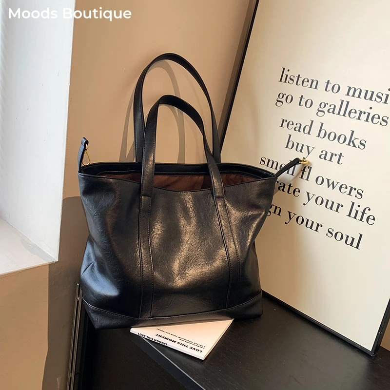 

MOODS Retro Big Tote Bags For Women Soft PU Leather Pure Color Large Capacity Shopper Shoulder Totes 2025 Autumn Latest Handbags