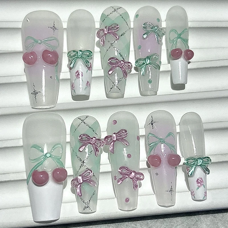 

10 Pieces Spring and Summer Cute Polka Dot Bow Handmade Press On Nails Pink Mint Green Cherry Fake Nails Removable Reusable