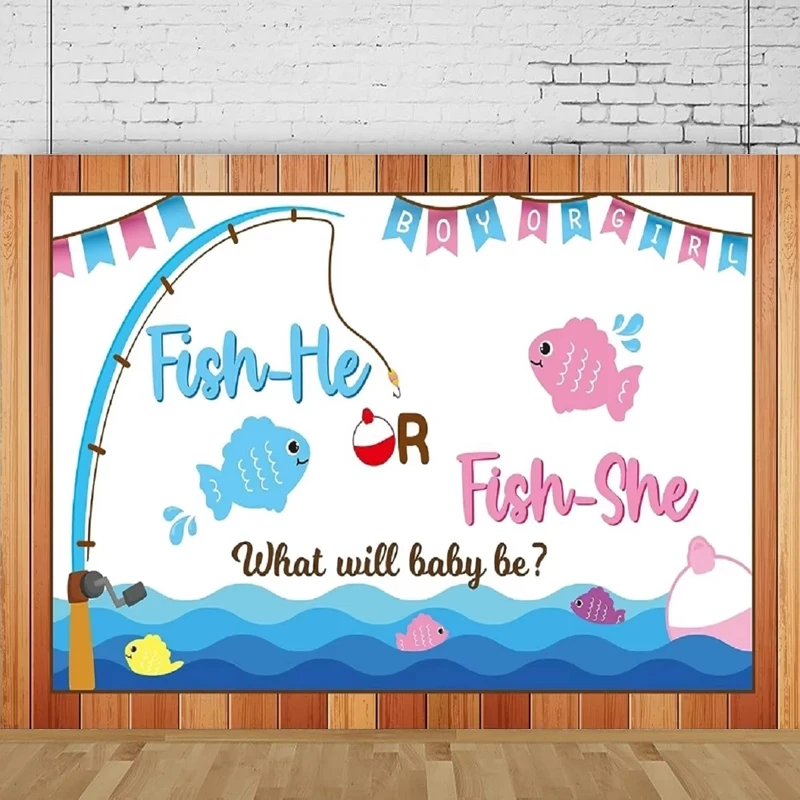 Gone Fishing Photography Backdrop Fish She Or Fish He Gender Reveal For Boy or Girl Sign Baby Shower Party Decor Background