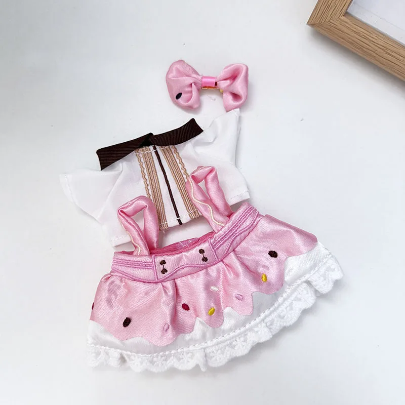 

15/17cm Cute Labubu 1st/2nd/3rd Gen Dolls Sweet Lolita Princess Dress Strawberry Donut Puff Skirt With Bow Hair Accessories
