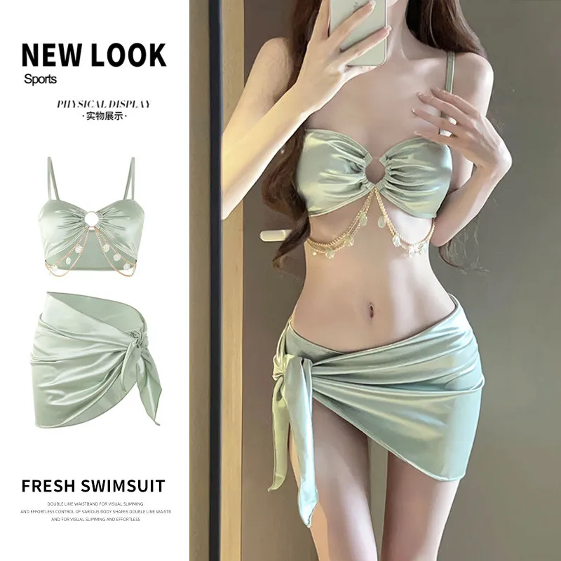 

3pcs /set Sexy Swimwear Woman 2025 Bikini Set Sweet Thin Backless Swimsuit Spring for Beach Dresses Summer Suit for Girl Gifts