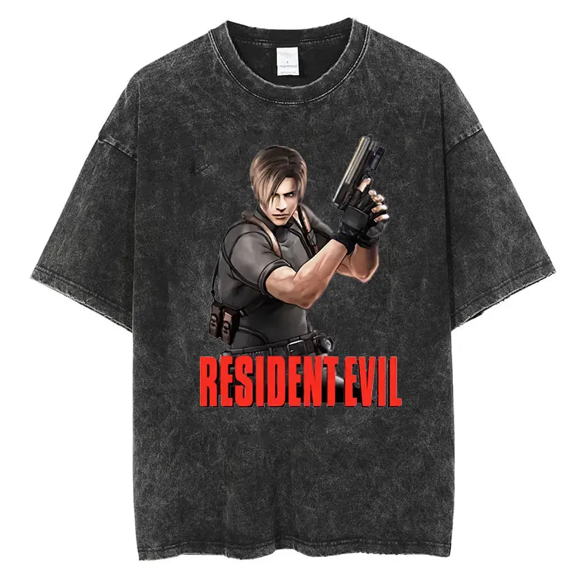 

Vintage Washed Leon S Kennedy Resident Evil 4 T Shirt Men's Gothic Punk Short Sleeve T-Shirts Fashion Harajuku Oversized T-shirt