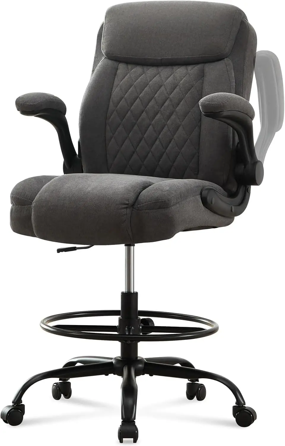 Ergonomic Drafting Chair for Standing Desks, Tall Office Chair with Adjustable Foot Ring & Lumbar Support, Flip-Up Arms Fabric Desk Chair
