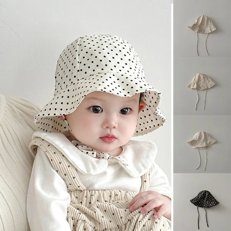 

Korean Dot Print Baby Bucket Hat Cute Flower Infant Girl Fisherman Cap Spring Summer Sunshade Lacing Princess Sun Caps