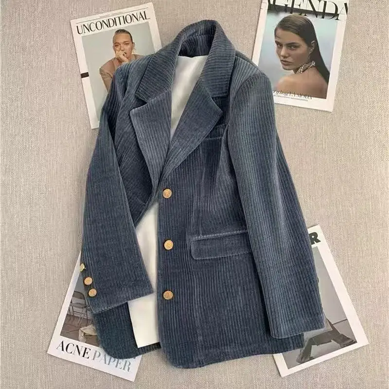 

Vintage Harajuku Corduroy Suit Jacket For Women Loose Fit Long Sleeve Trendy Overcoat Winter Street Casual Outfit Y2K Clothes