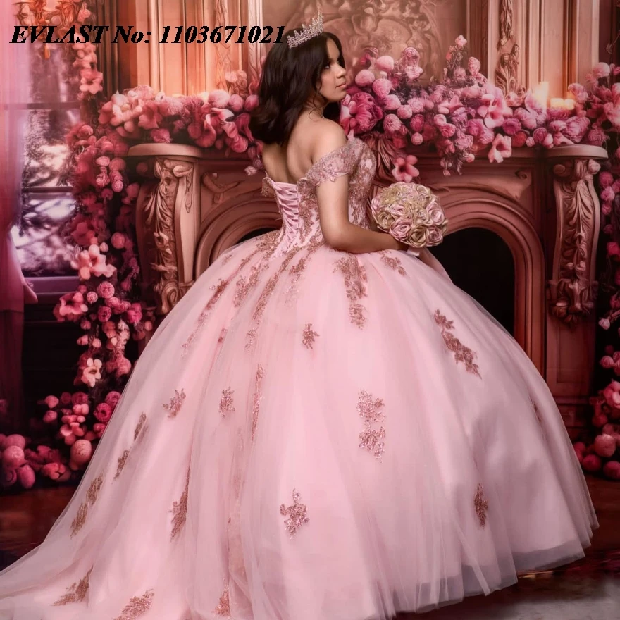 EVLAST สีชมพูเงา Quinnceanera Ball Gown Glitter ลูกไม้ Applique ประดับด้วยลูกปัดเม็กซิกันรัดตัวหวาน 16 Vestidos De 15 Anos SQ501