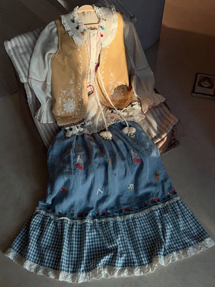 TIYIHAILEY Long Mid-calf Skirts For Women Summer Linen Patchwork Spring Elastic Waist A-line Embroidery 2025 New Blue Skirts