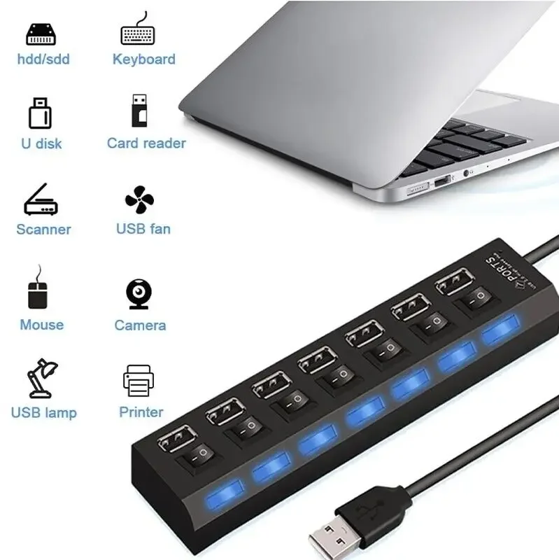 HUB USB de alta velocidade 4/7 portas USB HUB 2.0 adaptador expansor multi USB divisor extensor múltiplo com interruptor de lâmpada LED para PCLaptoP