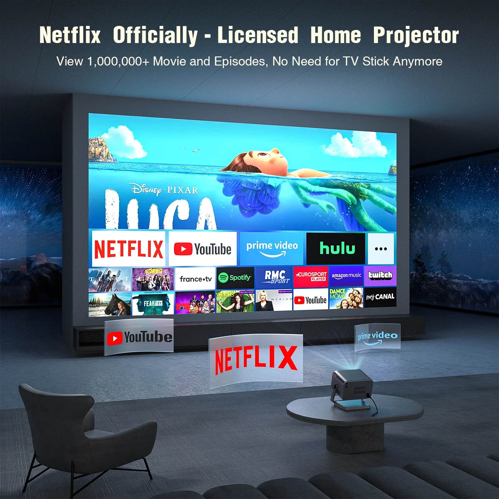 4K Projector with Netflix Officially AI Auto Focus 600 ANSI Outdoor VOPPLS Movie Projector with Screen, MAX 300''Display