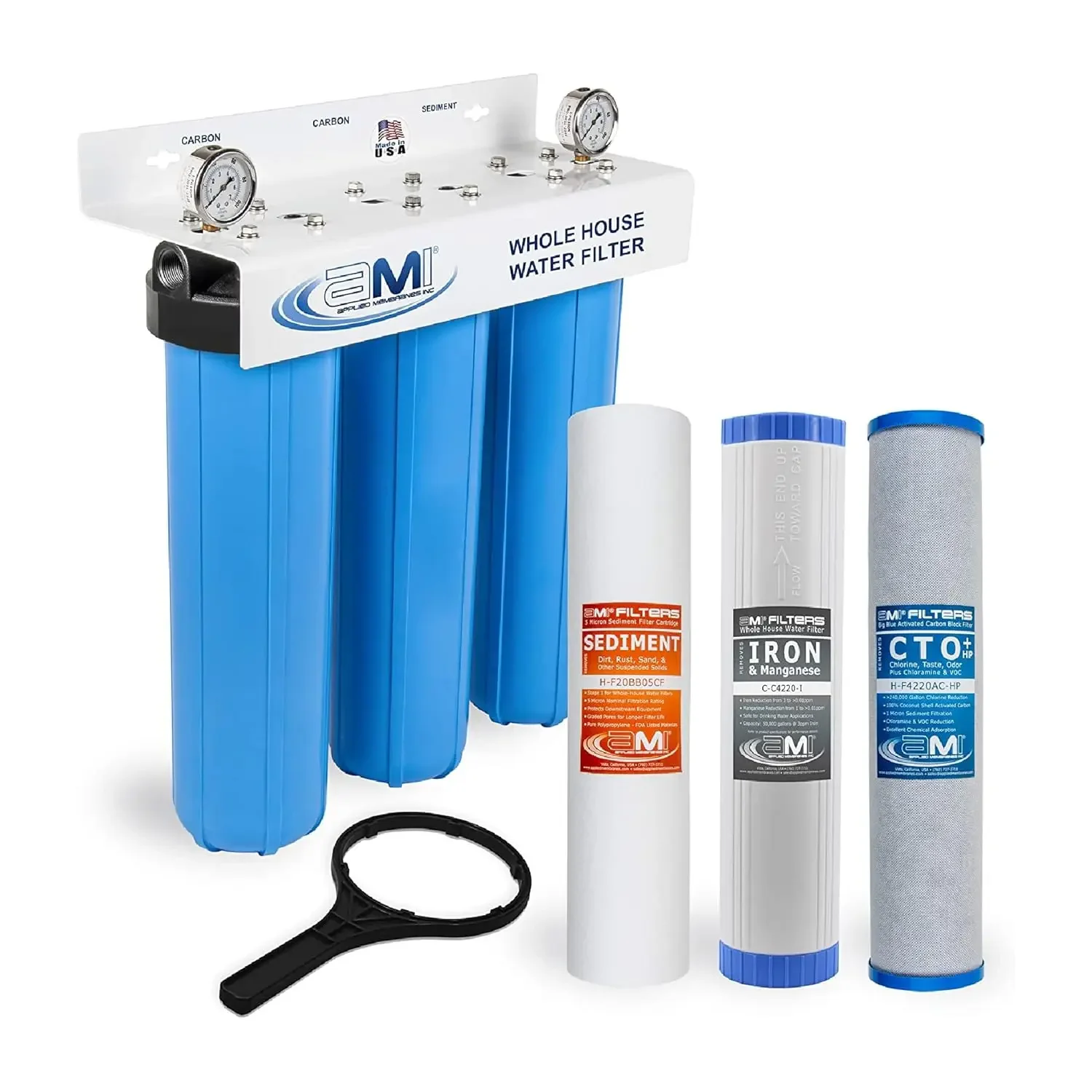 Membranes Inc. 3-Stage Whole-House Water Filter System, 4.5x20-Inch Sediment, Carbon, and Iron Filter Cartridges