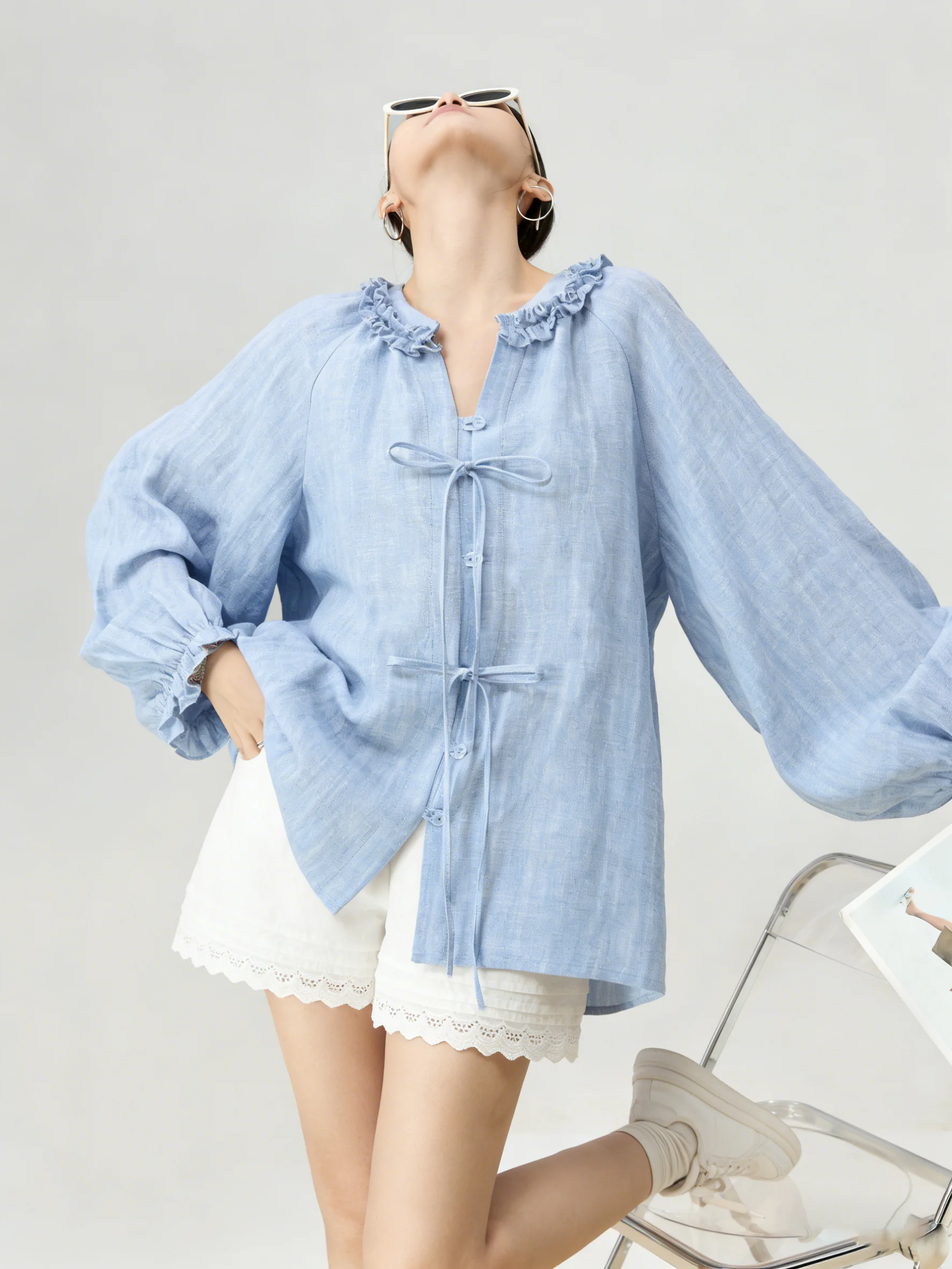 

Blue Knot Tie Long Sleeve Shirt Women's Style Bubble Sleeve Casual Loose Fit V-Neck Button-Up Office Commute Summer