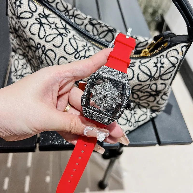 Luxe Merk Dames Horloge Sneeuwvlok Strass Draaiende Diamant Gezicht Voor Vrouwen Siliconen Band Sport Quartz Richard Horloge