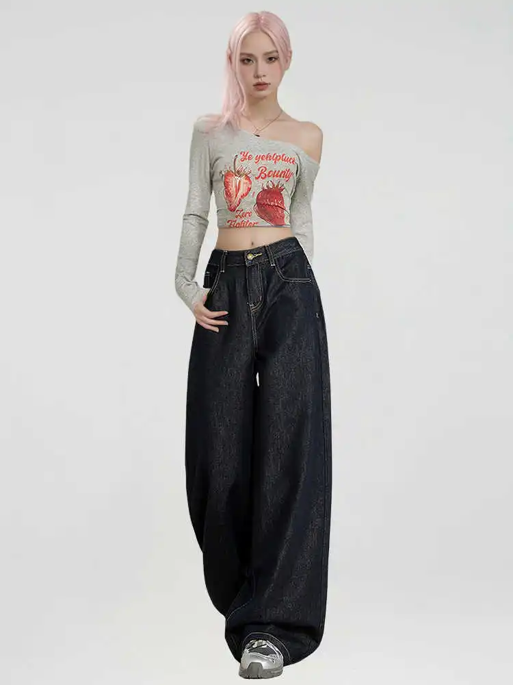 Celana Jeans Wanita Biru Gothic Baggy Y2k Emo Gaya Jepang 2000-an Vintage Harajuku Oversize Boyfriend Denim Musim Gugur