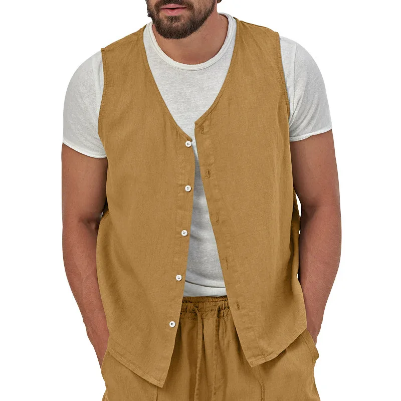 Summer Thin Button Casual Solid Color Linen Vest Button Men's Sleeveless Single Top