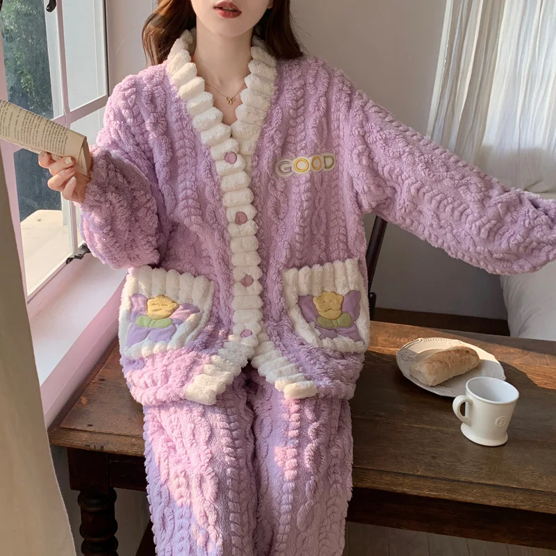 Women Coral Fleece Autumn Winter Pajamas Cute Shirt&pant Home Wear Thicken Flannel Warm Home Clothes Nightwear Dressing Gown