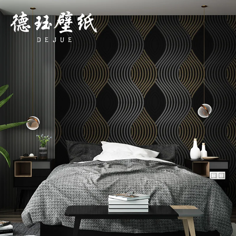 Nordic Geometric Abstract Blue Black Wave Curved Stripe Wallpaper for Living Room Bedroom Background High End Feel