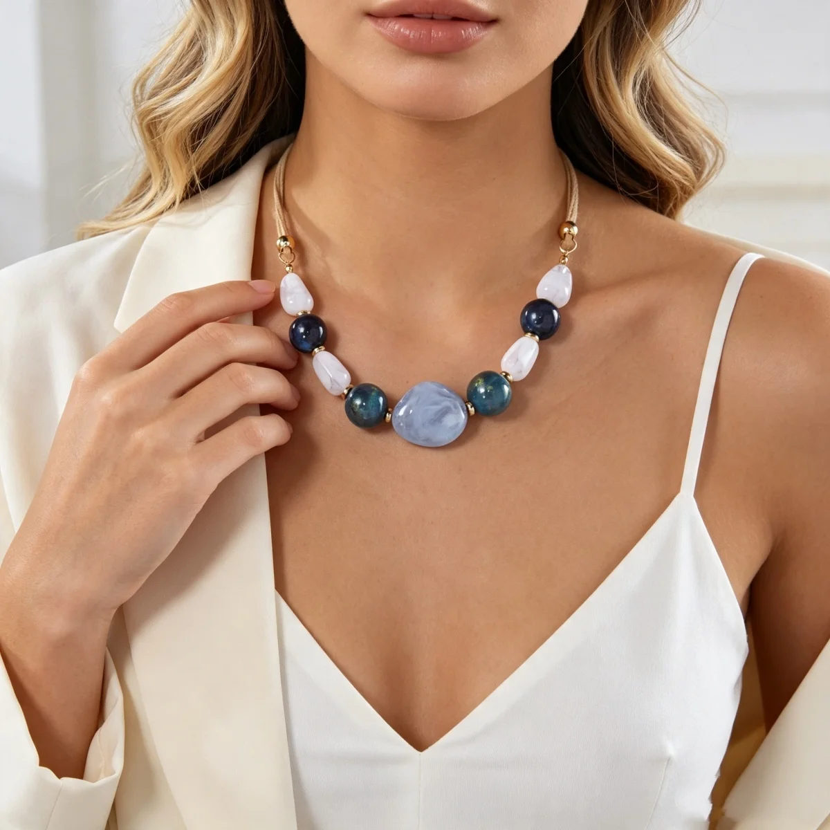 Ins Vintage Mehrfarbige Unregelmäßige Acrylperlen-Halskette für Damen und Herren, Handgefertigte Samtkette, Harzperlen-Choker, Ästhetischer Schmuck – Detail 8