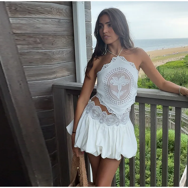 Lace Women's Two Piece Set Halter Off Shoulder Tie Top Lace Trim Pleated Mini Skirt Fashion Matching Set Sweet Style New Arrival