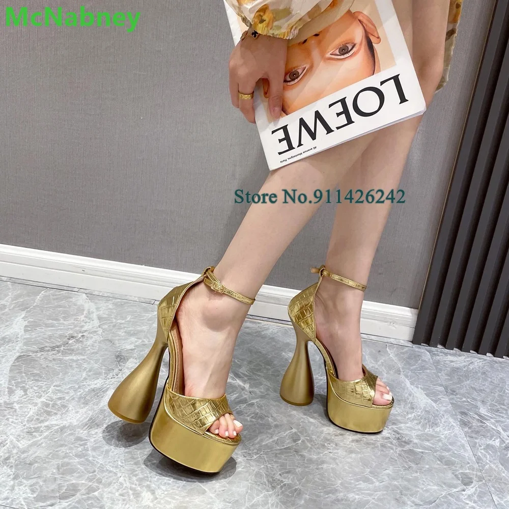 Gold Strange Heel Platform Round Toe Sandals For Female Women Ankle Strap With Buckle Shallow Handmade Runway Fashion Shoes