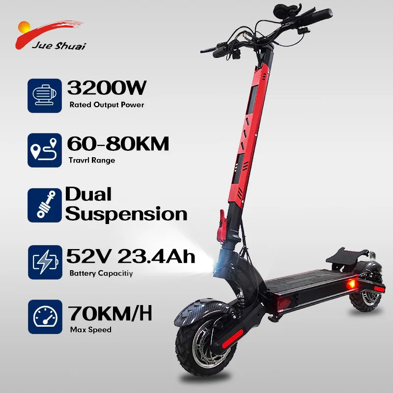 

Powerful 52V Dual Motors Electric Scooter for Adults 3200W Motors Up to 70km/h Fast Speed 70km Long Range 2 Big Wheels