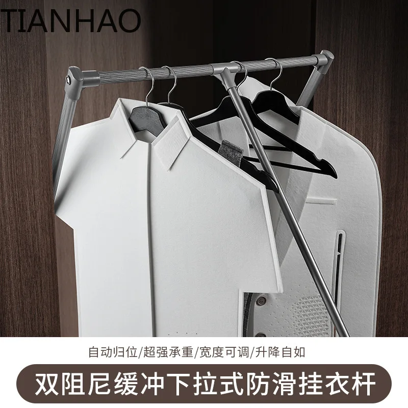 Adjustable Pull-Down Clothes Rod for Wardrobe Closet Storage Organizer with Soft-Close Mechanism Retractable Hanging Bar for
