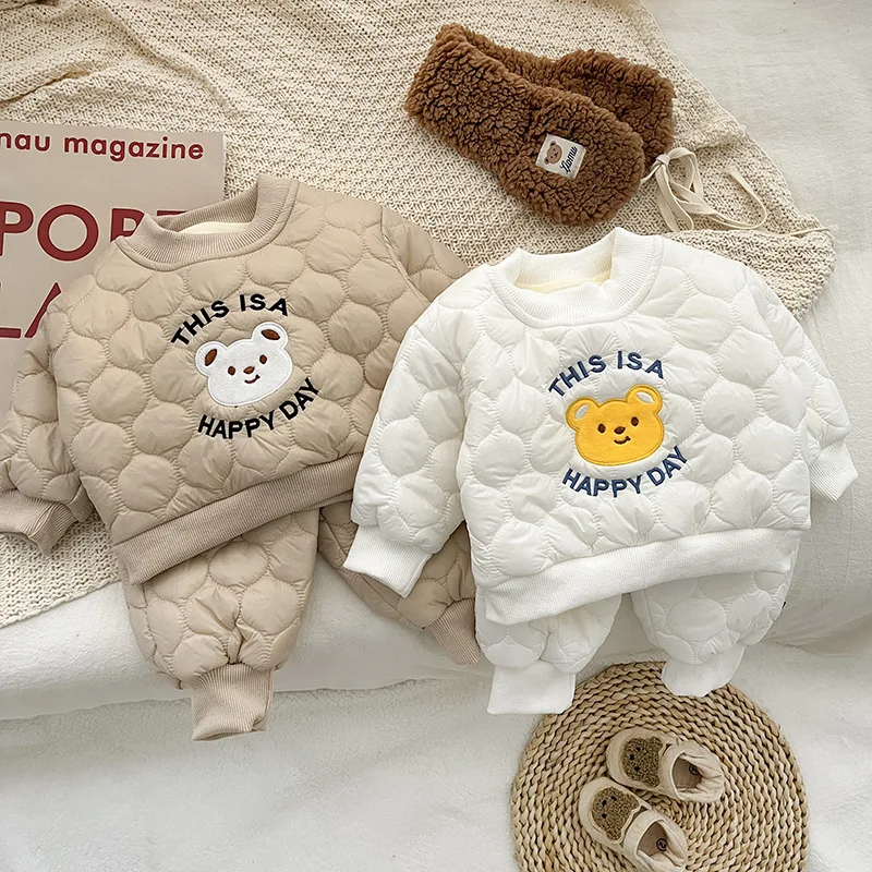 Winter Baby Baby Boys And Girls Cotton Suit Set Children\'s Casual Loose Cartoon Embroidery Bear Thickened Baby Clothes