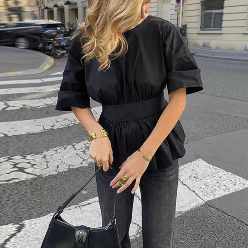 

Temperament Black Backless Blouses & Shirts 2025 Summer Women Pure Color Half-sleeved Slim Shirt Street Style Loose Women's Top