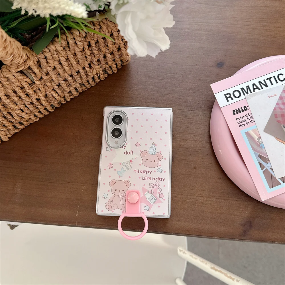 Cute Pink Bear Phone Case For Samsung Galaxy Z Fold 8 Ultra Fold7 Fold6 Fold5 Fold4 Sweet Cartoon Folding Protective Cover