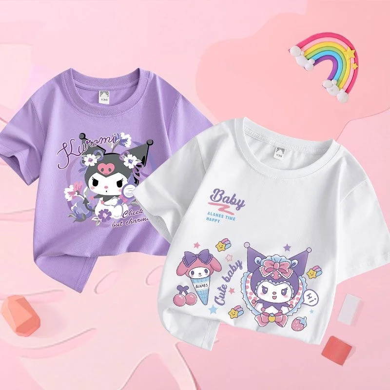 

Sanrio Kuromi Childrens T-Shirt 2 Pieces/set Kawaii Cartoon Boys Girls Casual Short Sleeve Cotton-Containing Kids Clothing