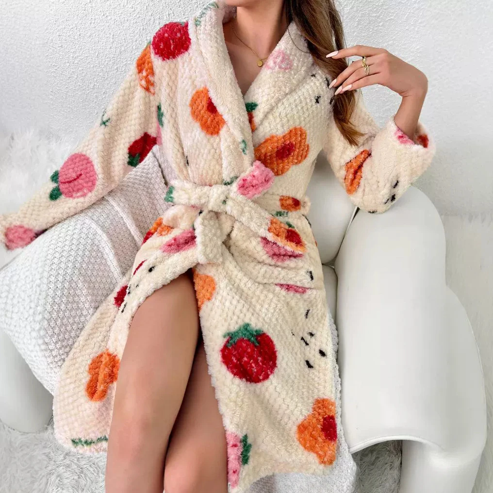 autumn Winter Coral Fleece long Bathrobe Women V-neck print Warm Bath Robe Cozy Kimono Shower Robes casual Loose Rest Nightgown