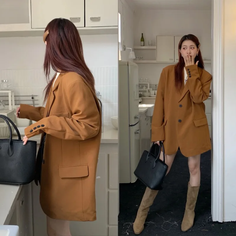 

Insozkdg Korean Style Loose Women Suit Jacket Spring Autumn Shoulder Padded Oversized Blazer Mid-length Casual Women Top Outwear