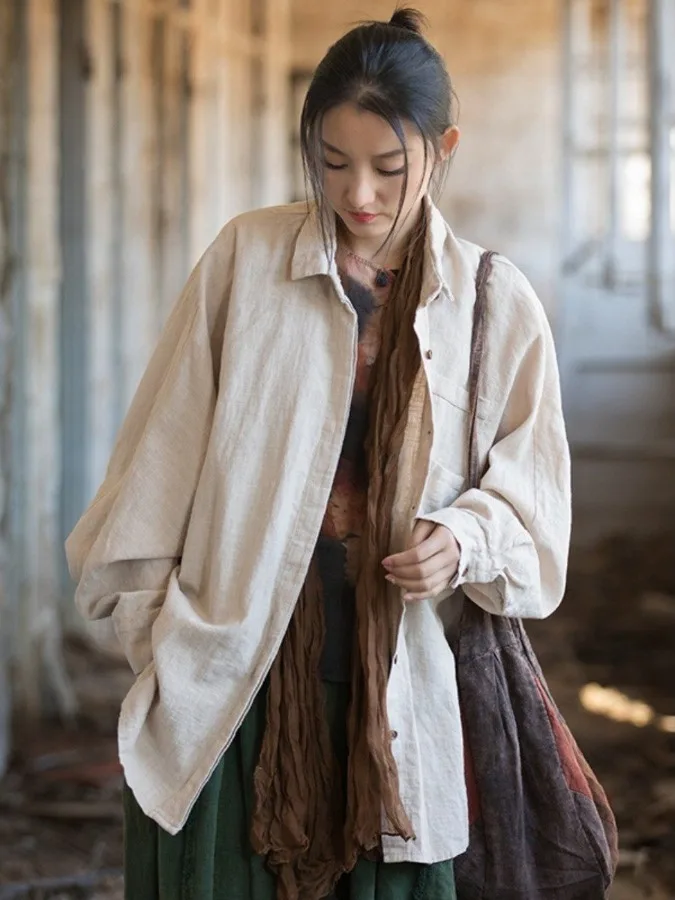 

Женский кардиган оверсайз из хлопка и льна, длинный, с рукавами «летучая мышь», на пуговицах, с воротником-стойкой, стандартной длины, повседневный стиль