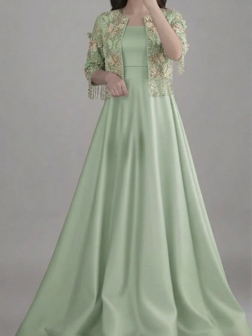 Maßgeschneidertes luxuriöses A-Linien-Abendkleid in Bodenlänge für Damen, zweiteilig, halblange Ärmel mit Perlen, Ballkleid, Partykleid