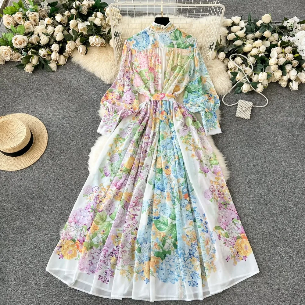 Vintage Print Elegant Half High Collar Single Breasted Long Sleeve Dress A-line Casual Women Fashion Autumn Spring Vestidos