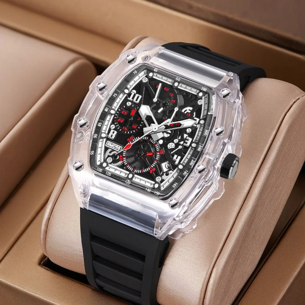 

Fashionable Transparent Skeleton Men's Quartz Watch, Luxurious Sports Wristwatch with Rubber Strap, Luminous Watch for Men, Suitable for Business Travel and Daily Use