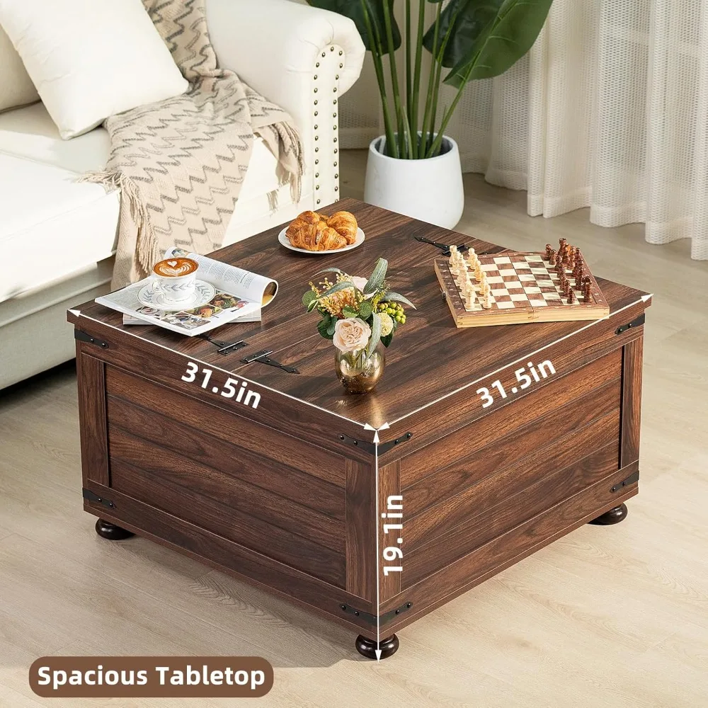 Rustic Farmhouse Coffee Table with Built-In Storage - Large Square Living Room Centerpiece, Vintage Cocktail Table with Flip-Top