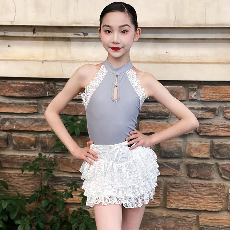 

Summer Latin Dance Dress Girl Sleeveless Dances Suit Performance Wear White Lace Skirt Kid Rumba Cha Cha Practice Clothes 3439