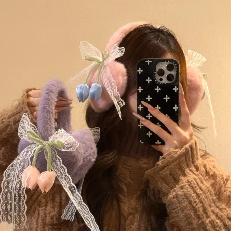 غطاء للأذنين للسيدات لطيف القوس توليب الحلو Kawaii Verstaile الشتاء أفخم سميكة الدافئة عالية الجودة الفاخرة العلامة التجارية سدادات حماية الأذن غطاء للأذنين #3