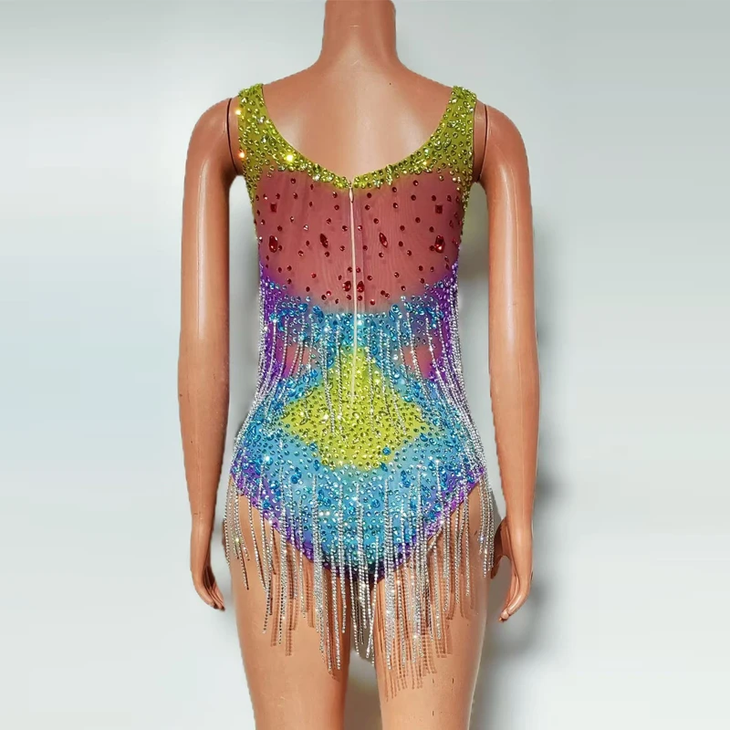 Bunte Strass Fransen Body Frauen Party Jazz Dance Kleidung Bar Dj Ds Party Drag Queen Outfit Gogo Kostüm XS9550
