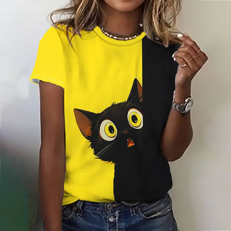 Women's Crew Neck Short Sleeve T-shirt Oversized Women's Loose Top T-shirt Printed 3D Curious Kitten Summer Casual Short Sleeve